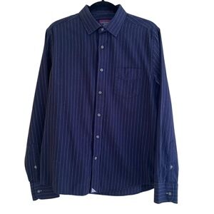 Untuckit Dark Navy Blue with White Pinstripe Slim Fit Cotton Flannel Shirt M